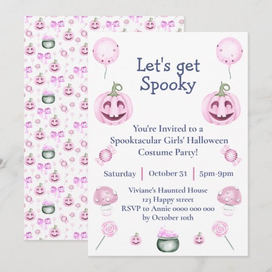 Invitation de fête d'Halloween rose pour filles (Devant / Derrière)