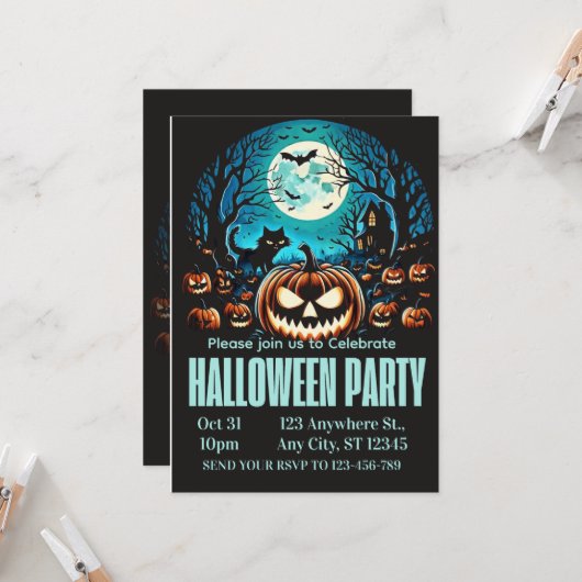 Invitation de fête d'Halloween sous la lune avec c (Devant/Arrière en situation)