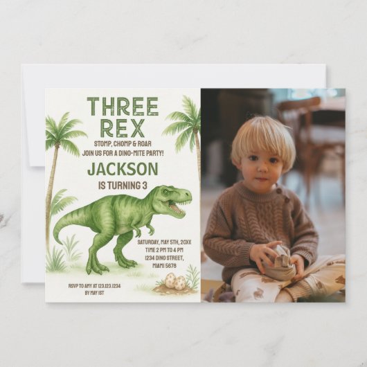 Invitation de fête Dino modifiable pour garçons ou (Devant)