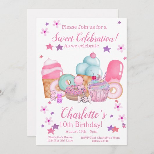 Invitation de fête douce, Anniversaire modifiable (Devant / Derrière)