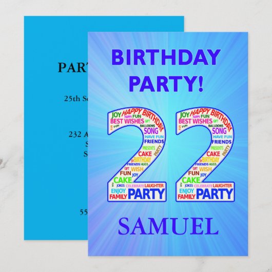Invitation de fête du 22e anniversaire Ajouter un  (Devant / Derrière)