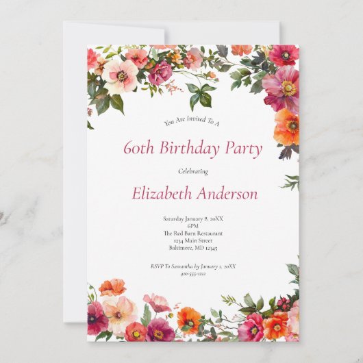 Invitation de fête du 60e anniversaire Florals rou (Devant)
