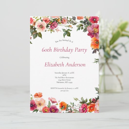 Invitation de fête du 60e anniversaire Florals rou (Debout devant)
