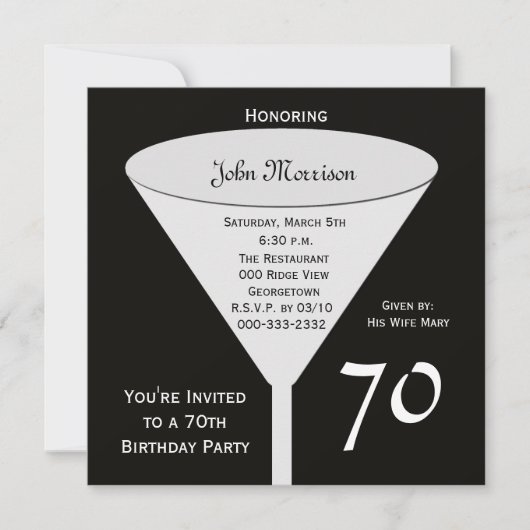 Invitation de fête du 70e anniversaire 70 en noir (Devant)