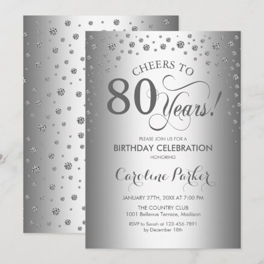 Invitation de fête du 80e anniversaire - Argent (Devant / Derrière)