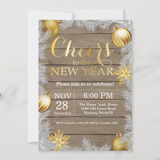 Invitation de fête du Nouvel An en Or Rustique (Devant)