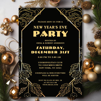 Invitation de fête du Nouvel An Paillettes Or Noir