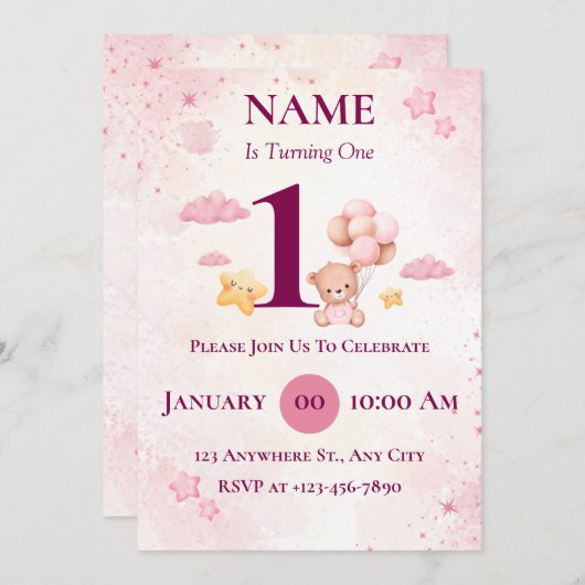 Invitation de fête du premier anniversaire modifia (Devant / Derrière)