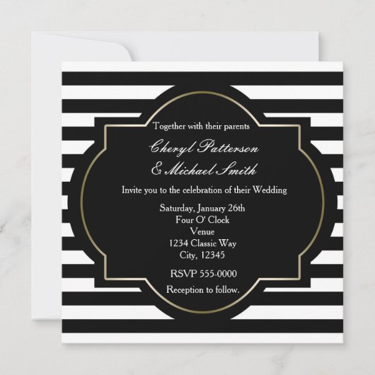 Invitation de fête élégante à rayures noires, blan (Devant)