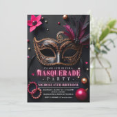 Invitation de fête élégante Masquerade rose (Debout devant)