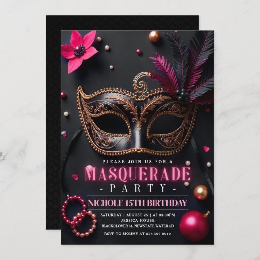 Invitation de fête élégante Masquerade rose (Devant / Derrière)