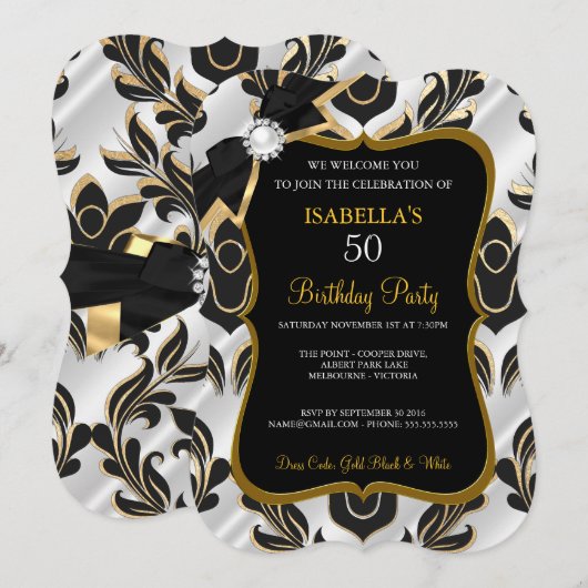 Invitation de fête élitiste blanche perle or noir (Devant / Derrière)