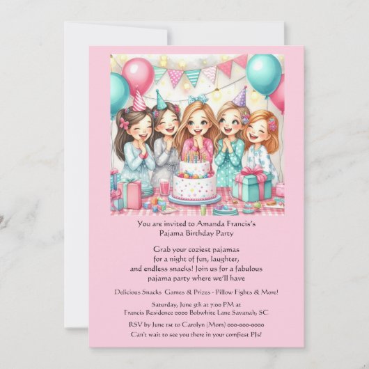 Invitation de fête en pyjama pour filles d'anniver (Devant)