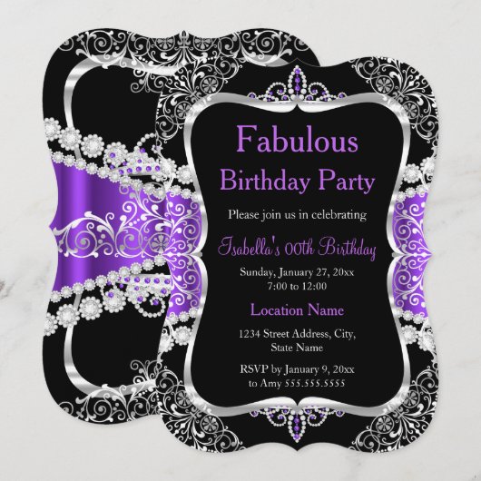 Invitation de fête fabuleuse violet argent noir (Devant / Derrière)