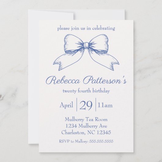 Invitation de fête féminine à ruban bleu Coquette (Devant)