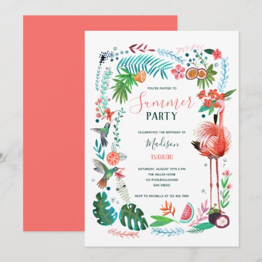 Invitation de fête flamant rose florale tropicale (Devant / Derrière)