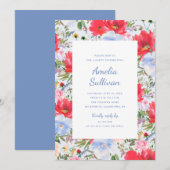 Invitation de fête florale aquarelle bleue et roug (Devant / Derrière)
