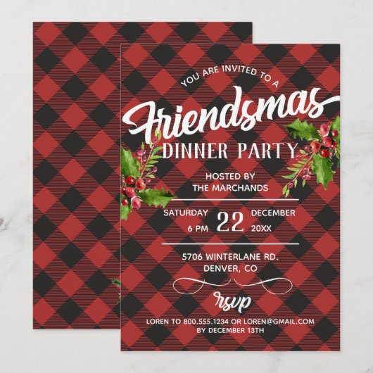 Invitation de fête Friendsmas à carreaux Red Buffa (Devant / Derrière)