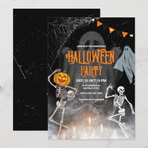 Invitation de fête Halloween vintage, squelette Ha
