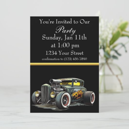 Invitation de fête Hot Rod avec bande de feuille d (Debout devant)