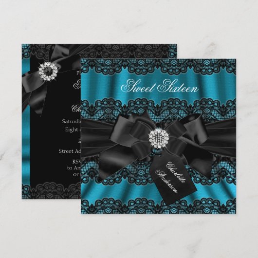 Invitation de fête Lace & Bow sarcelle noire pour (Devant / Derrière)