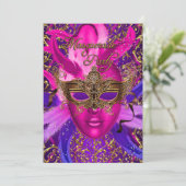Invitation de fête masquée Feather Pink & Gold Mas (Debout devant)