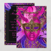 Invitation de fête masquée Feather Pink & Gold Mas (Devant / Derrière)