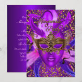 Invitation de fête masquée Masque Violet & Or (Devant / Derrière)