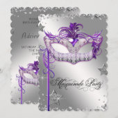 Invitation de fête masquée violette avec confettis (Devant / Derrière)