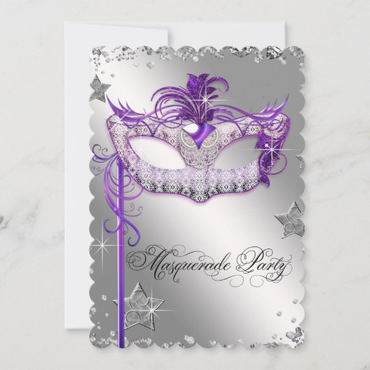 Invitation de fête masquée violette avec confettis (Devant)