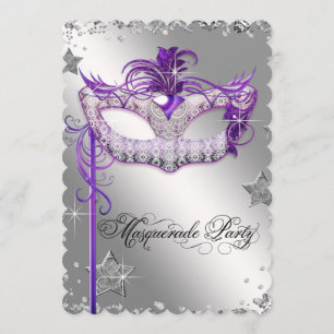 Invitation de fête masquée violette avec confettis