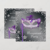 Invitation de fête masquée violette avec confettis (Devant / Derrière)