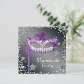 Invitation de fête masquée violette avec confettis (Debout devant)