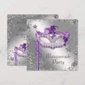Invitation de fête masquée violette avec confettis (Devant / Derrière)