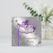 Invitation de fête masquée violette avec confettis (Debout devant)