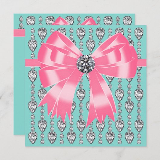 Invitation de fête modèle diamants rose turquoise  (Devant / Derrière)