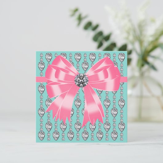 Invitation de fête modèle diamants rose turquoise  (Debout devant)