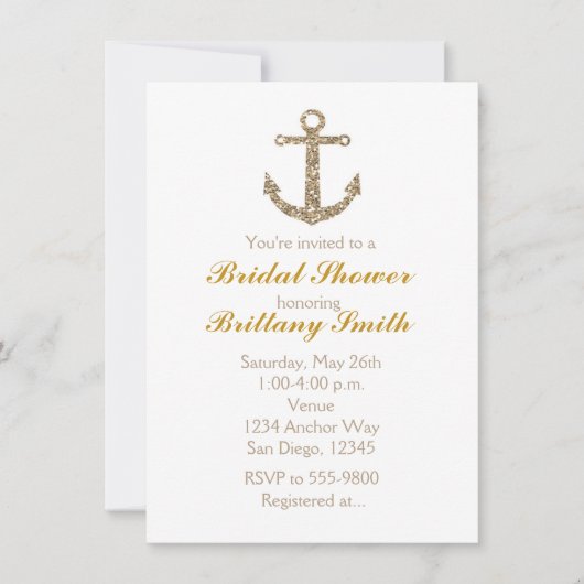 Invitation de fête paillettes dorées Ancre nautiqu (Devant)