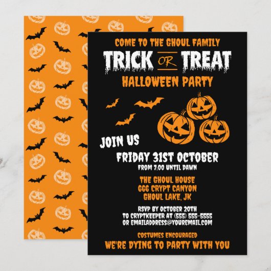 Invitation de fête personnalisable 'Trick or Treat (Devant / Derrière)