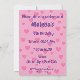 Invitation de fête personnalisée coeurs roses