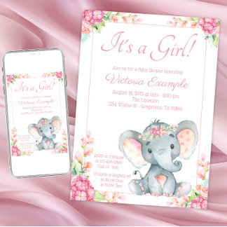 Invitation de fête prénatale éléphant fille à fleu