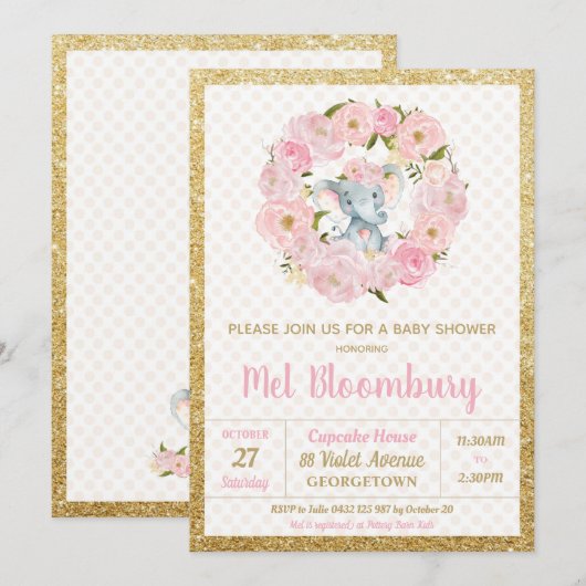 Invitation de fête prénatale pour bébé fille éléph (Devant / Derrière)