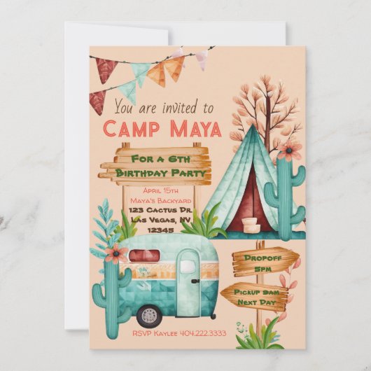 Invitation de fête pyjama de camping pour filles B (Devant)