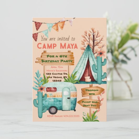 Invitation de fête pyjama de camping pour filles B (Debout devant)