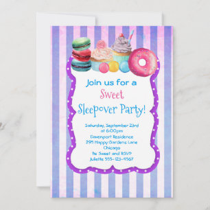 Invitation de fête pyjama gâteau et pâtisserie suc