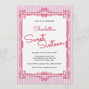 Invitation de fête Rose à rayures pour une Princes