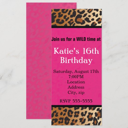 Invitation de fête rose chaud à impression léopard (Devant / Derrière)