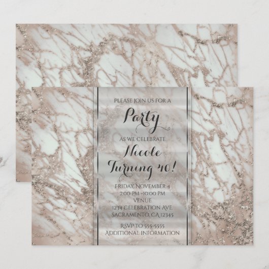 Invitation de fête Rose Gold Argent Glamour Marbre (Devant / Derrière)