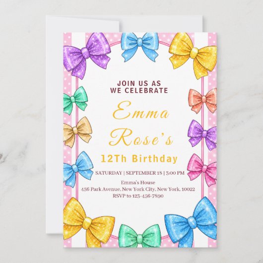 Invitation de fête ruban coloré pour filles (Devant)
