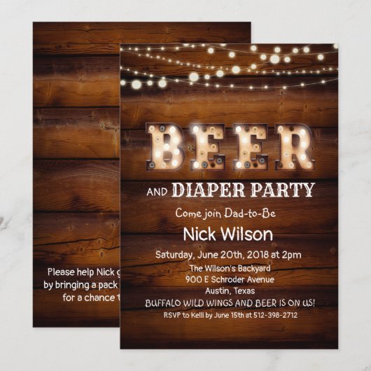 Invitation de fête rustique bière et couche (Devant / Derrière)